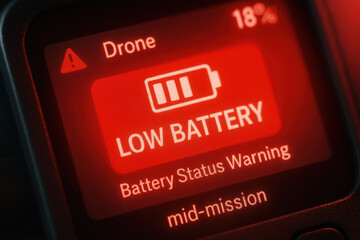 Low battery warning on drone screen indicates urgent inspection and monitoring in industry to prevent failure during operation