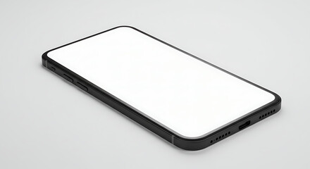 A modern smartphone with a blank screen and sleek design, positioned diagonally on a clean white surface