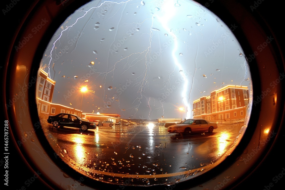 Poster stormy view through a window with lightning and raindrops on the glass.