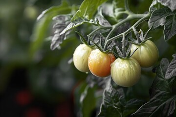 Close-up of a cluster of green and one ripening orange cherry tomatoes hanging on the vine with water droplets and dark green leaves in soft focus background