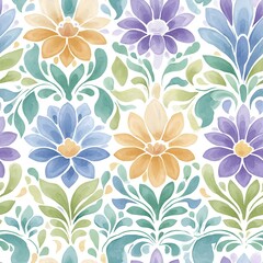 Seamless pattern of green purple petals in a dreamy feminine style without blue tones in a watercolor style, with yellow accents and a white center in a damask