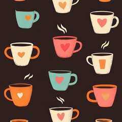 Obraz premium Seamless pattern of colorful coffee mugs with heart designs on dark background, some filled with hot steaming coffee, evoking warmth and coziness