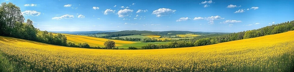 Fototapeta premium Vast rolling countryside with bright yellow blooming fields under a clear blue sky with scattered clouds, bordered by green trees and distant hills