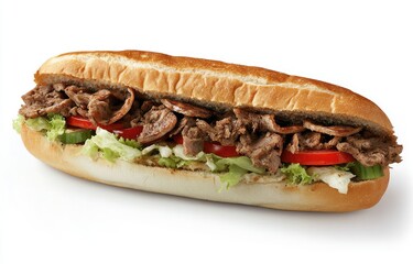 Juicy doner kebab sandwich on white, traditional Turkish street food with crispy veggies and warm bread, authentic Middle Eastern cuisine.