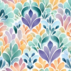 Seamless pattern of green purple petals in a dreamy feminine style without blue tones in a watercolor style, with yellow accents and a white center in a damask