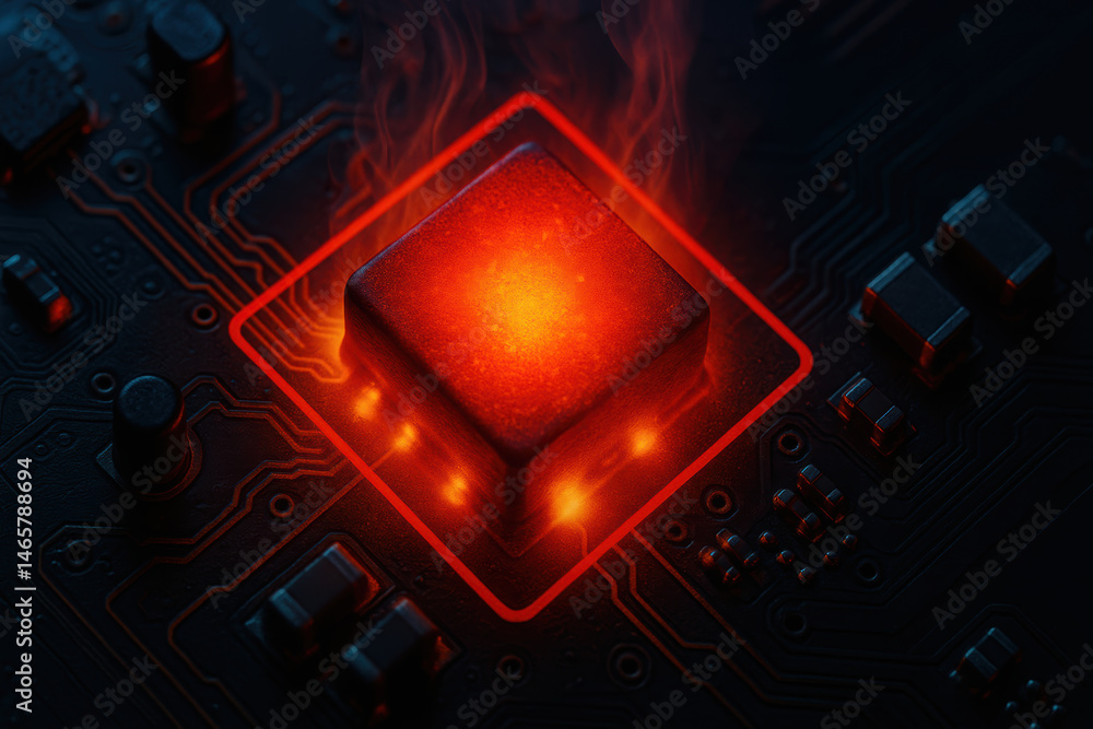 Poster glowing red microchip on circuit board symbolizes inspection and monitoring in industry with advance