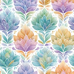 Seamless pattern of green purple petals in a dreamy feminine style without blue tones in a watercolor style, with yellow accents and a white center in a damask