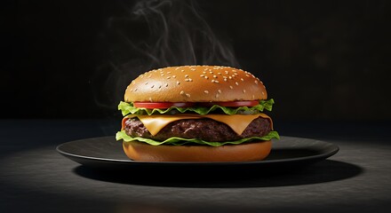 Hot Hamburger with Cheese and Fresh Vegetables on Plate