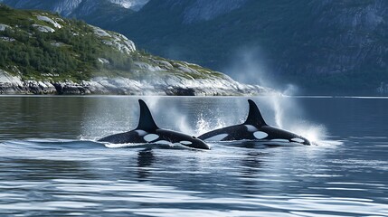 Fototapeta premium Majestic Orcas in Fjord Landscape: Two Orcas Gracefully Swim Through a Picturesque Norwegian Fjord, Mountains in Background