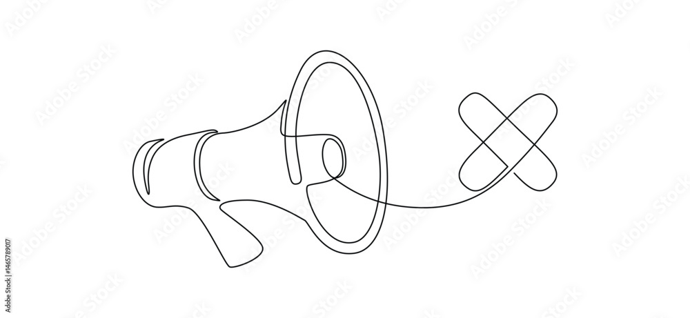Poster Loudspeaker mute in one continuous line drawing. No audio and music symbol in simple linear style. Noise Forbidden sign. Monoline vector illustration