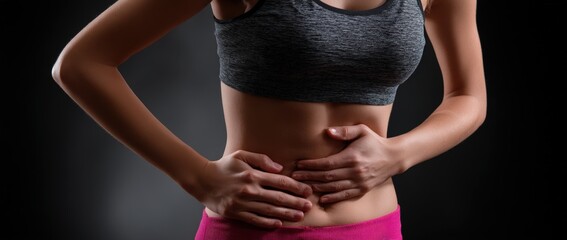 Woman with abdominal pain in gym attire.