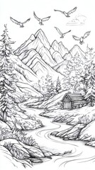 Naklejka premium Detailed line art drawing of mountain landscape with river cabin and birds for coloring book page design