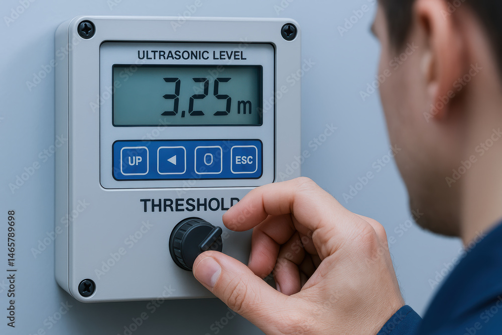 Poster ultrasonic level device used for inspection and monitoring in industry with person adjusting thresho