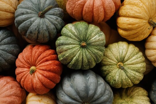 A vibrant display of multicolored pumpkins in autumn hues.