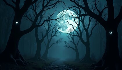 Spooky Forest at Night with Moon and Glowing Eyes