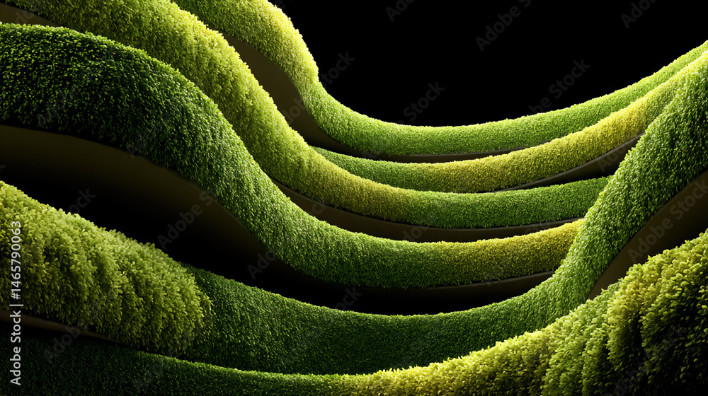 Poster a realistic 3d rendering (close-up) focusing on the smooth curves and textured green roof of a moder