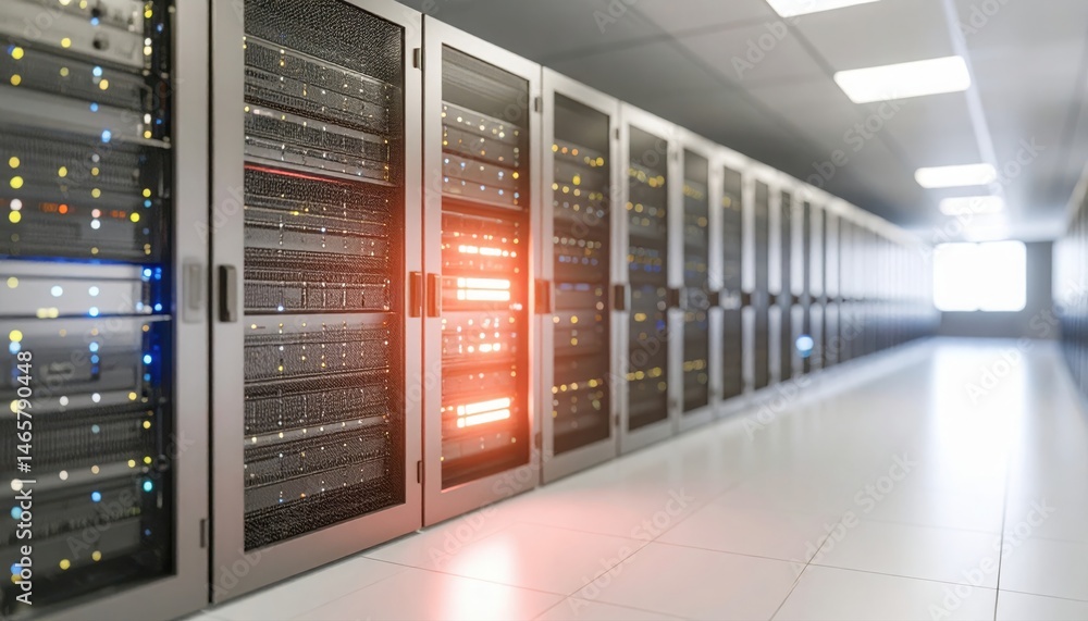 Poster modern data center with racks of computer servers in a bright clean room for cloud computing and inf