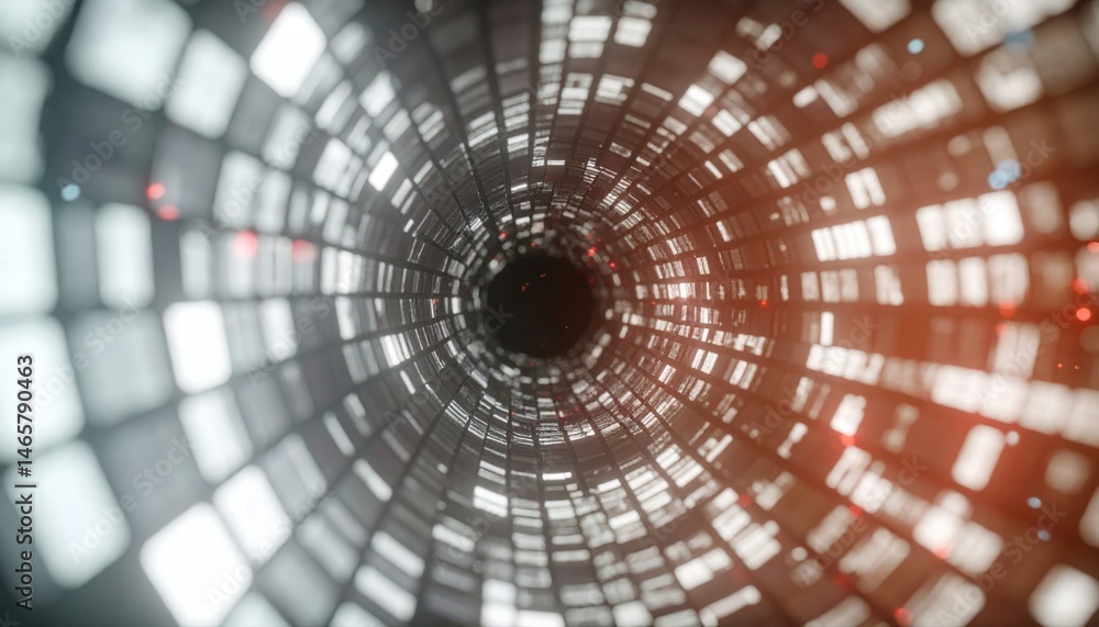 Poster close-up of a futuristic tunnel with illuminated panels creating a circular perspective leading into