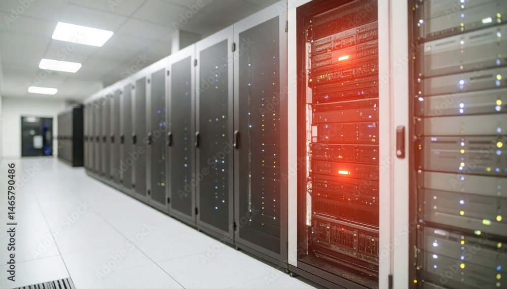 Poster modern data center server racks in a professional technology environment with red indicator lights a