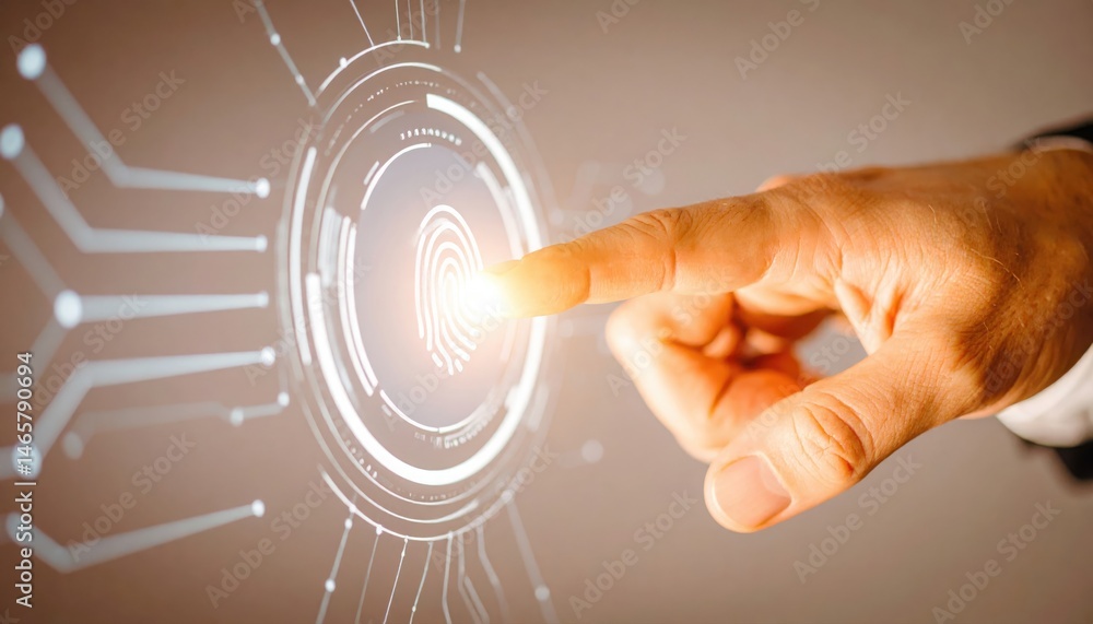 Poster close up of a human hand touching a virtual touchscreen interface with digital graphs and technology