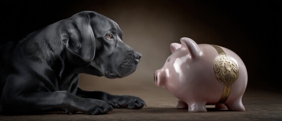 Black Labrador intently gazes at a pink piggy bank.