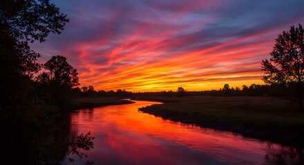 Fototapeta premium River Reflecting Dramatic Sunset Sky with Vivid Colors