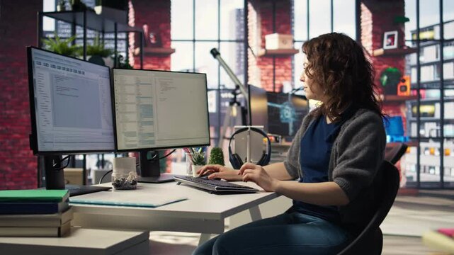 Young woman at the office looking at UI on PC display and executing binary code for testing and implementing something on the software. Coding application for computer science. Camera A.