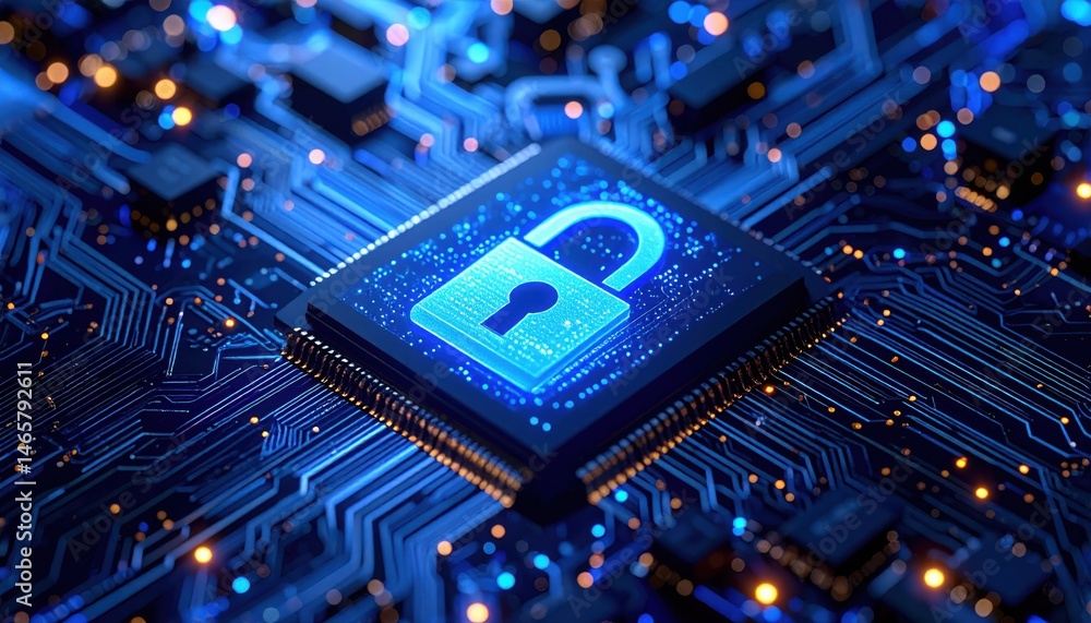 Poster close-up of a bright blue illuminated digital security padlock symbol on a dark circuit board backgr