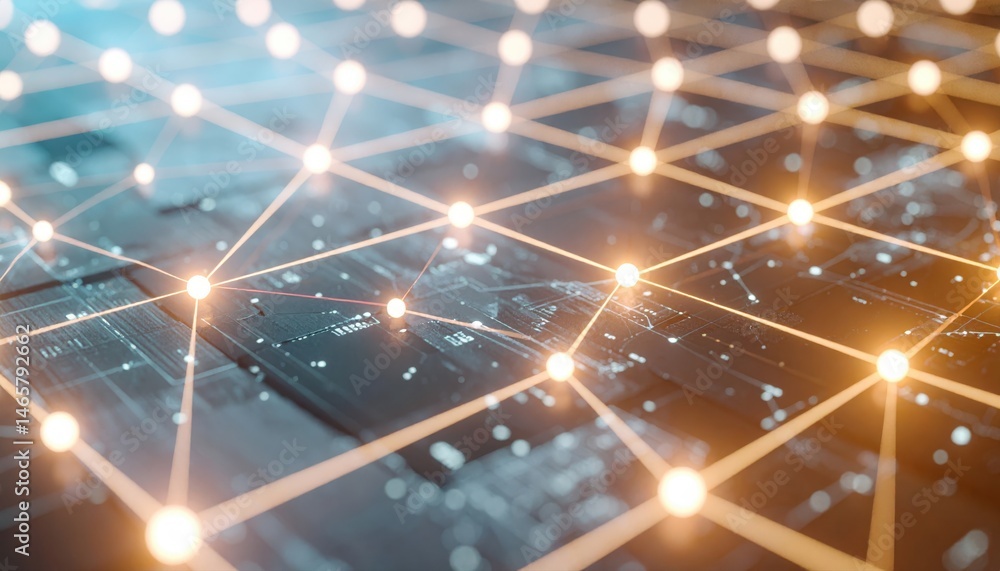 Poster advanced digital technological network with interconnected glowing nodes and data lines representing