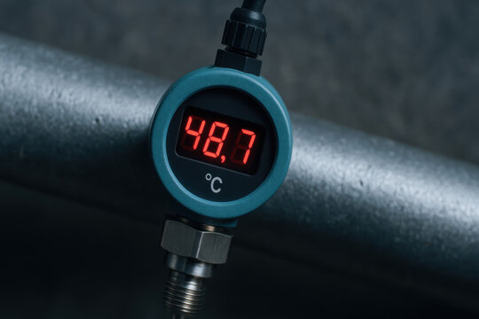 Digital temperature gauge on metal pipe for inspection and monitoring in industry with clear red numbers and blue casing