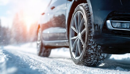 Car with winter tires on snowy road.