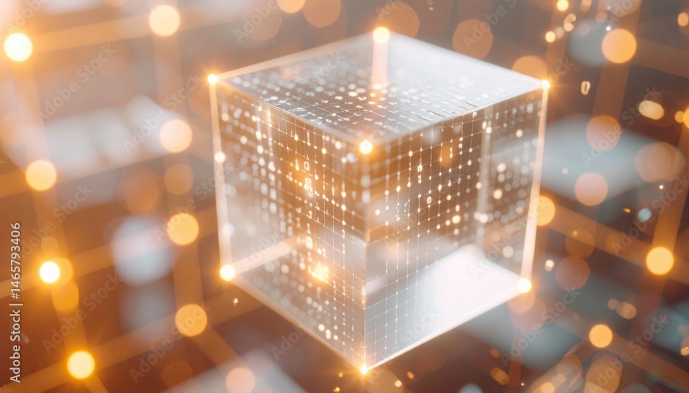 Poster abstract digital glowing cube with luminous dotted matrix network representation and bokeh lights in