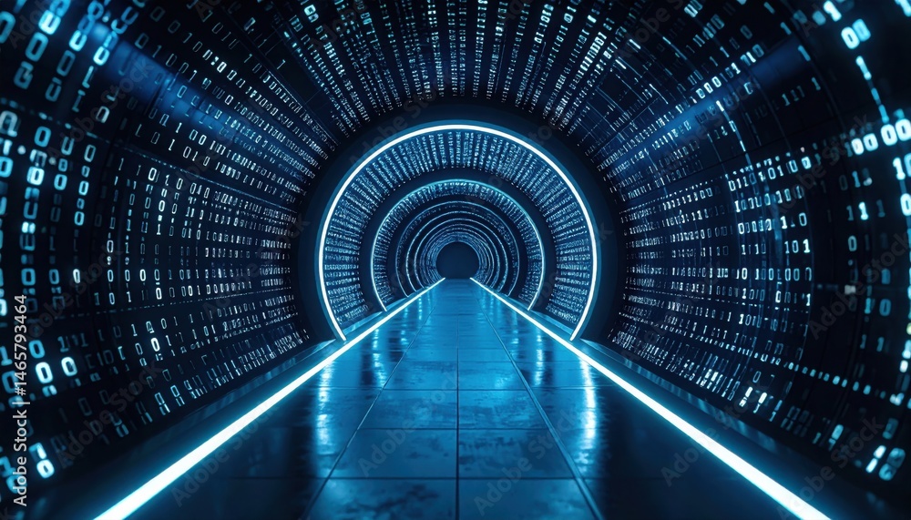 Poster futuristic digital tunnel with neon light pathway and circular data streams for technology visualiza
