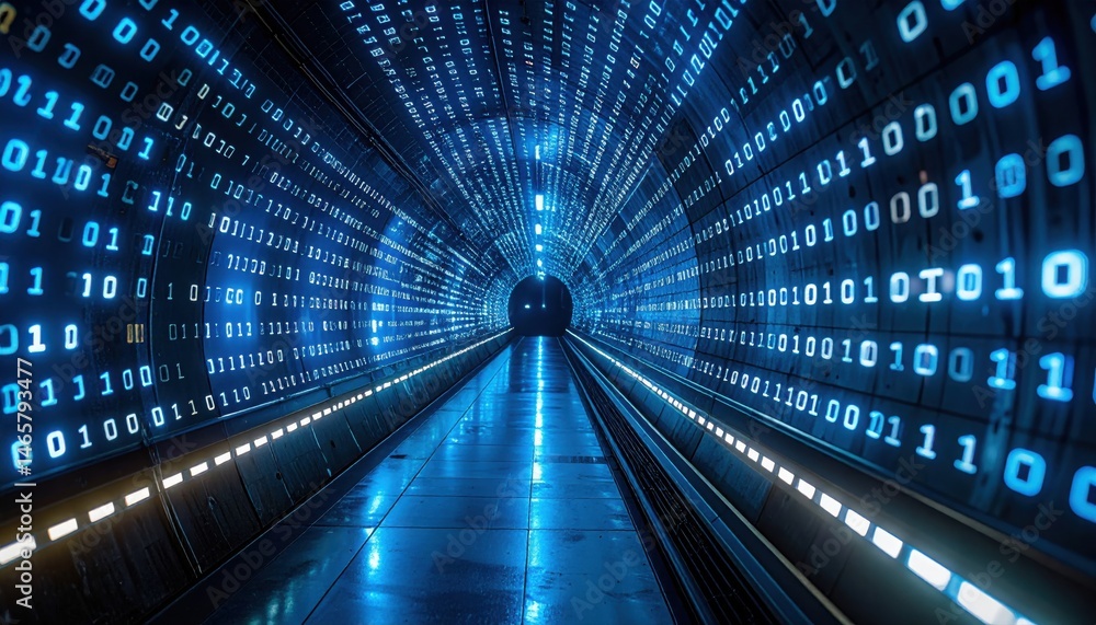 Poster futuristic digital tunnel with glowing binary code and high-tech digital environment representing da