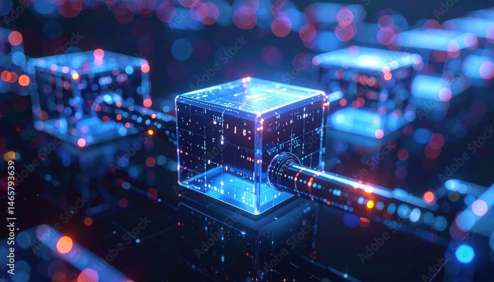Poster futuristic digital technology image featu glowing interconnected cubes and data streams with vibrant
