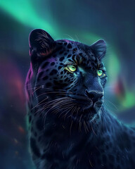 low angle shot of a majestic iridescent black leopard staring at the distance shiny colorful iridescent black fur piercing colorful eyes reflective halo effect auror