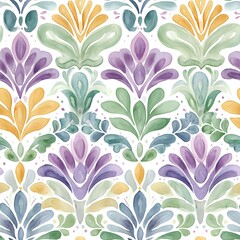 Seamless pattern of green purple petals in a dreamy feminine style without blue tones in a watercolor style, with yellow accents and a white center in a damask