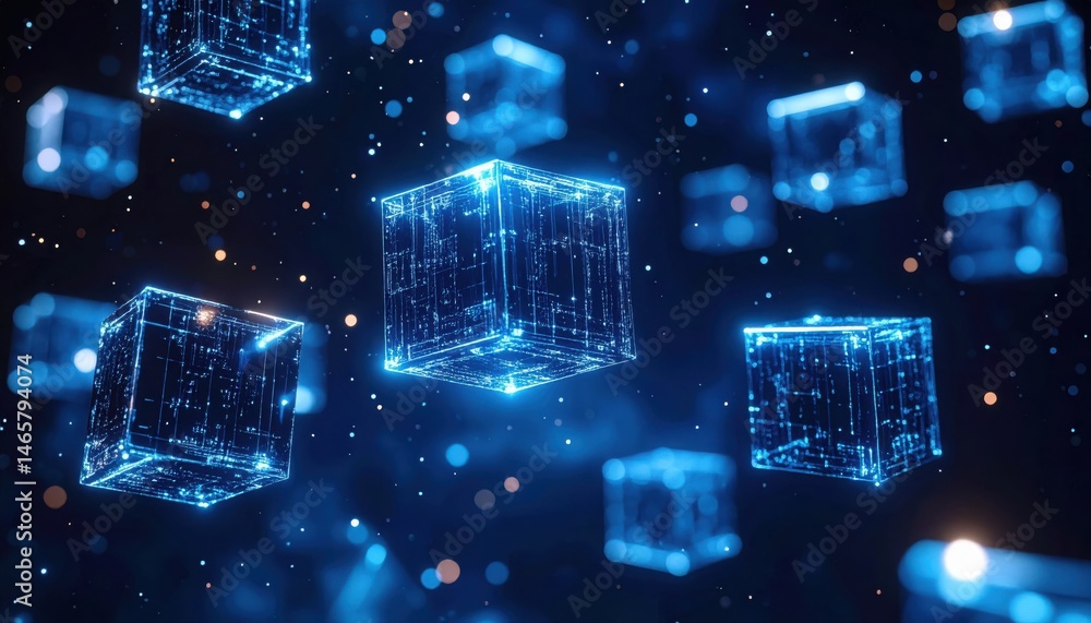 Poster digital abstract composed of interconnected glowing cubes with detailed circuitry and light effects 