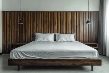 Modern bedroom with wooden wall