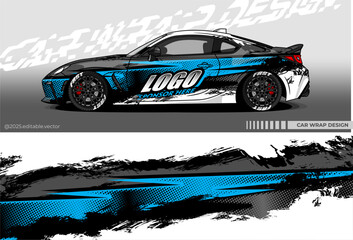 Illustration vector grahic of Car wrap decal with abstract design. Black blue white colour. Livery car editable. Mockup template sticker vinyl for racing, rally, or daily use.	
