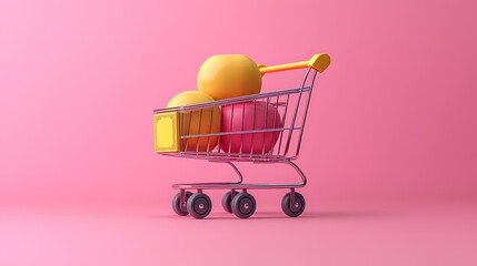 Pink Shopping Cart with Colorful Balls on Pink Background