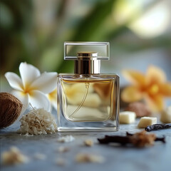 a small bottle of perfume front view randomly surrounded by perfume notes and ingredients of vanilla coconut neroli sandalwood depth of field minimalist superresolu