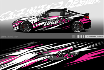 Illustration vector grahic of Car wrap decal with abstract design. Black pink white blue yellow colour. Livery car editable. Mockup template sticker vinyl for racing, rally, or daily use.	
