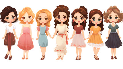 Professional Illustration of Diverse Group of Girls on White Background