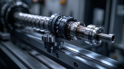 Fototapeta premium Precision machine component, intricate details of a linear motion system