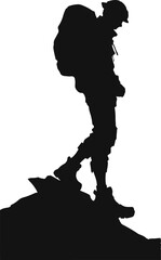 Silhouette of a hiker standing on a rocky surface, wearing a backpack and helmet, symbolizing adventure, exploration, and outdoor trekking