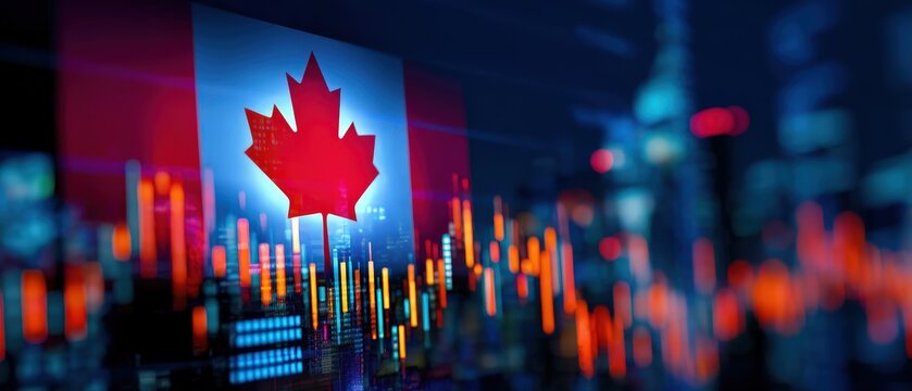 Canadian flag over cityscape with digital data overlay. - Powered by Adobe