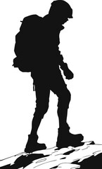 Silhouette of a hiker with a backpack walking on uneven rocky terrain, symbolizing adventure, exploration, and outdoor trekking