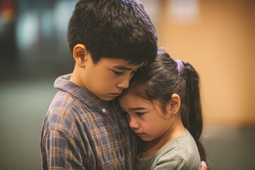 Obraz premium Young siblings embracing, conveying emotional support.