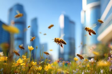 Busy bees pollinating flowers in an urban setting.